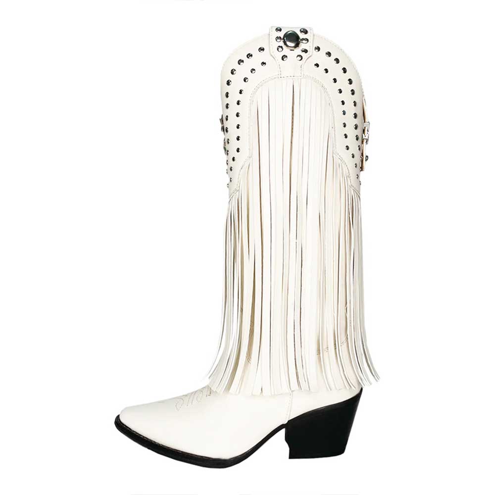 White Vegan Leather Pointed Toe Fringe Knee-High Heel Cowgirl Boots  Nicepairs