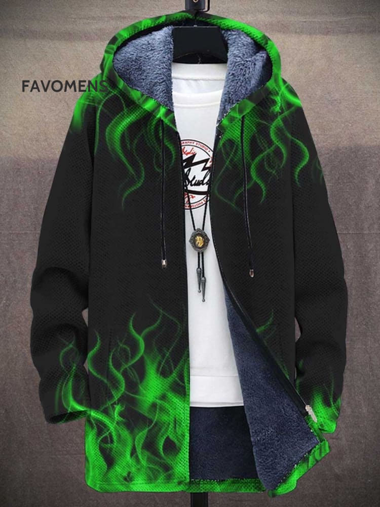 Men&rsquo;s Flame Art Print Plush Thick Long-Sleeved Sweater Coat Cardigan Colorful / M