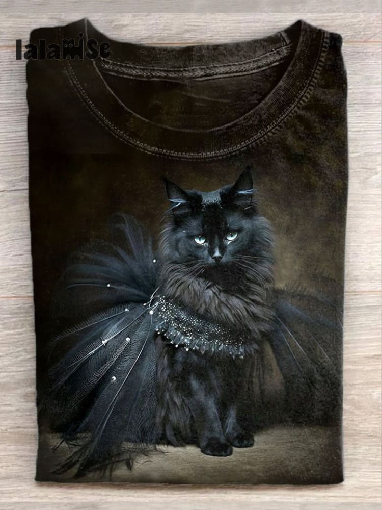 Unisex Cute Cat Illustration Printed Casual Short - Sleeved T - Shirt Dark Grey / S
