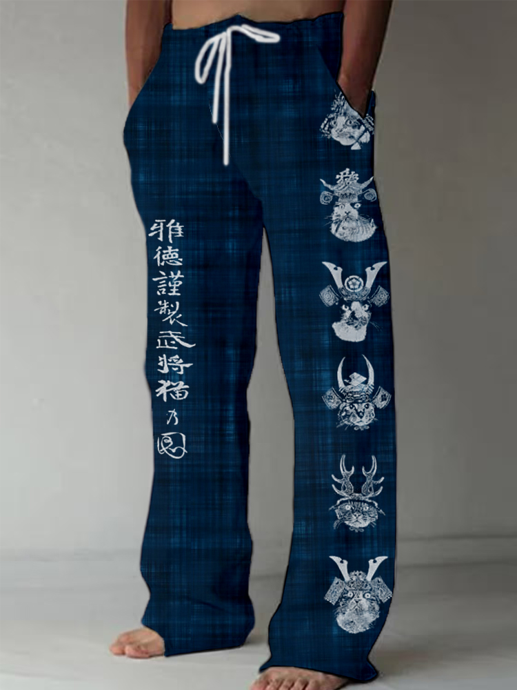 Men's Vintage Japanese Samurai Cat Art Linen Trousers elevenforest
