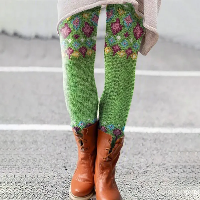 Contrast Diamond Knit Pattern Printed Leggings
