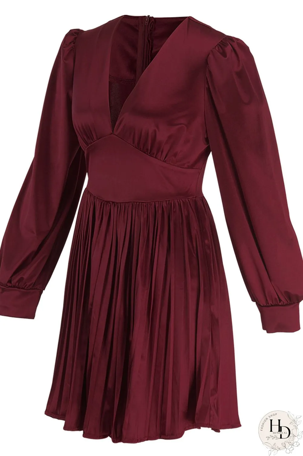 Burgundy Casual Solid Patchwork Fold V Neck Pleated Dresses