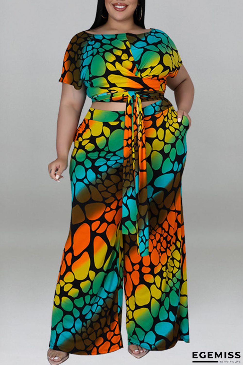 Yellow Casual Print Bandage Patchwork O Neck Plus Size Two Pieces | EGEMISS