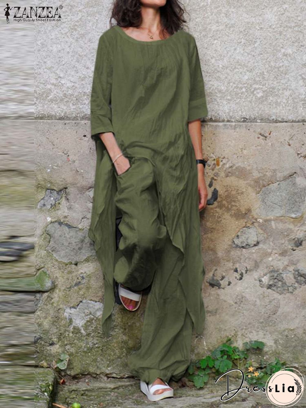 Two Piece Sets Women Tracksuit Zanzea Fashion Summer Matching Sets 2Pcs Casual 3/4 Sleeve Irregular Blouse Suits Urban Outifits7