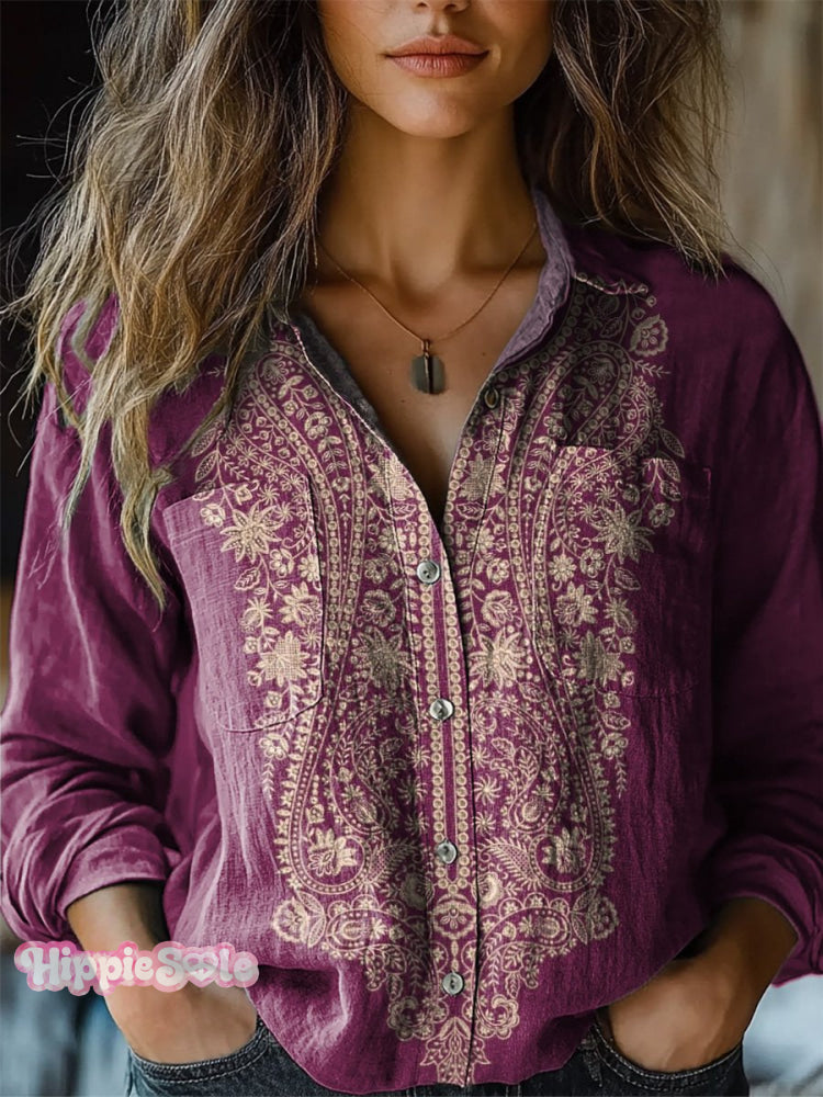 Ethnic Style Floral Pattern Printed Women&rsquo;s Casual Long Sleeve Comfortable Cotton Shirt