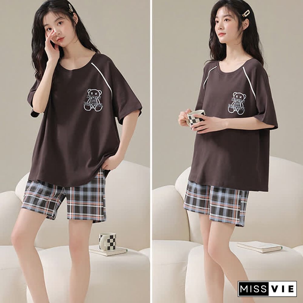 Cartoon Bear Print Summer Cotton Pajamas Set