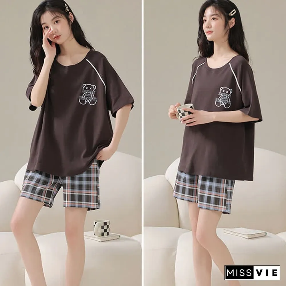 Cartoon Bear Print Summer Cotton Pajamas Set