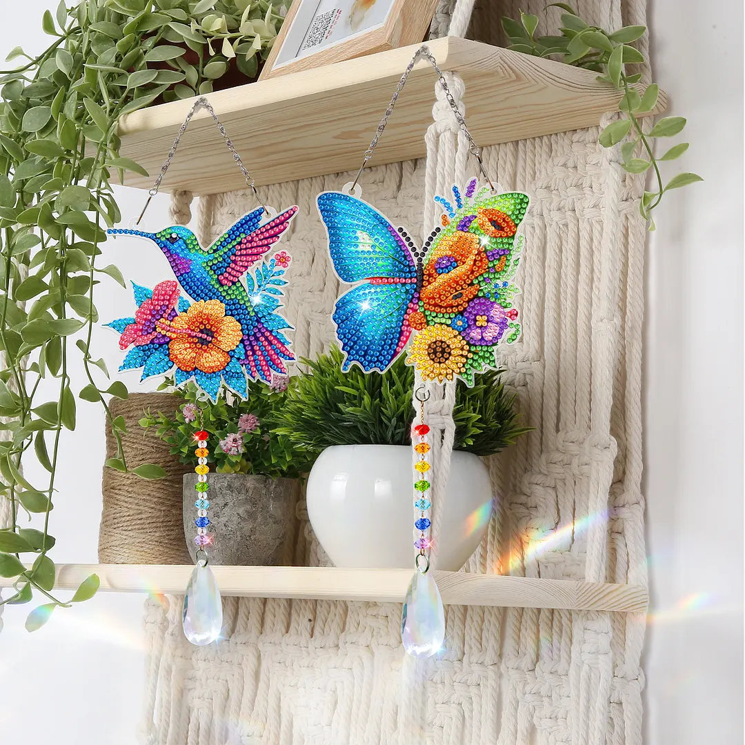 2Pcs Butterfly Hummingbird DIY Double-Sided Diamond Painting Hanging Kits Diamond Painting Suncatcher Craft Kit for Home Garden Wall Decor Gift