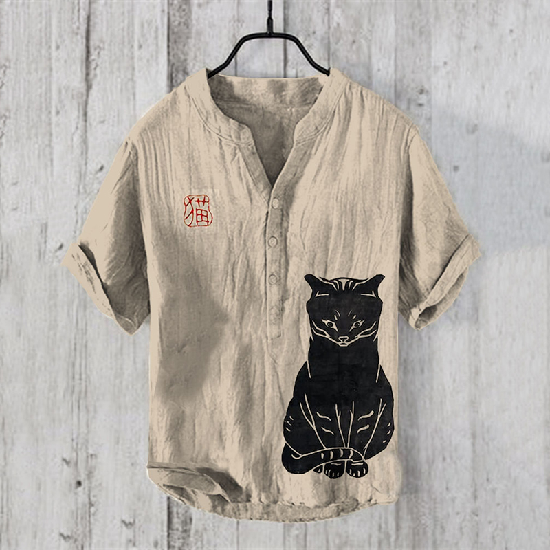 Black Cat Print V-Neck Short Sleeved Linen Blend Shirt  artssus