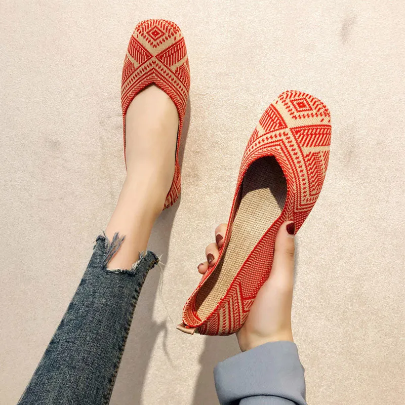 2022 Plus Size Spring New Ballet Flats Women Square Toe Knit Fabric Loafers Breathable Flat Heel Drive Shoes Driving Sneaker