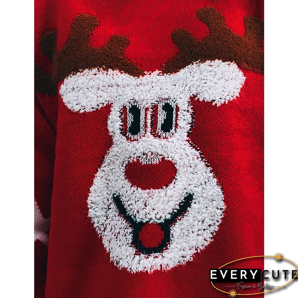 Red Deer Print Lapel Collar Thicken Christmas Pullover Sweater