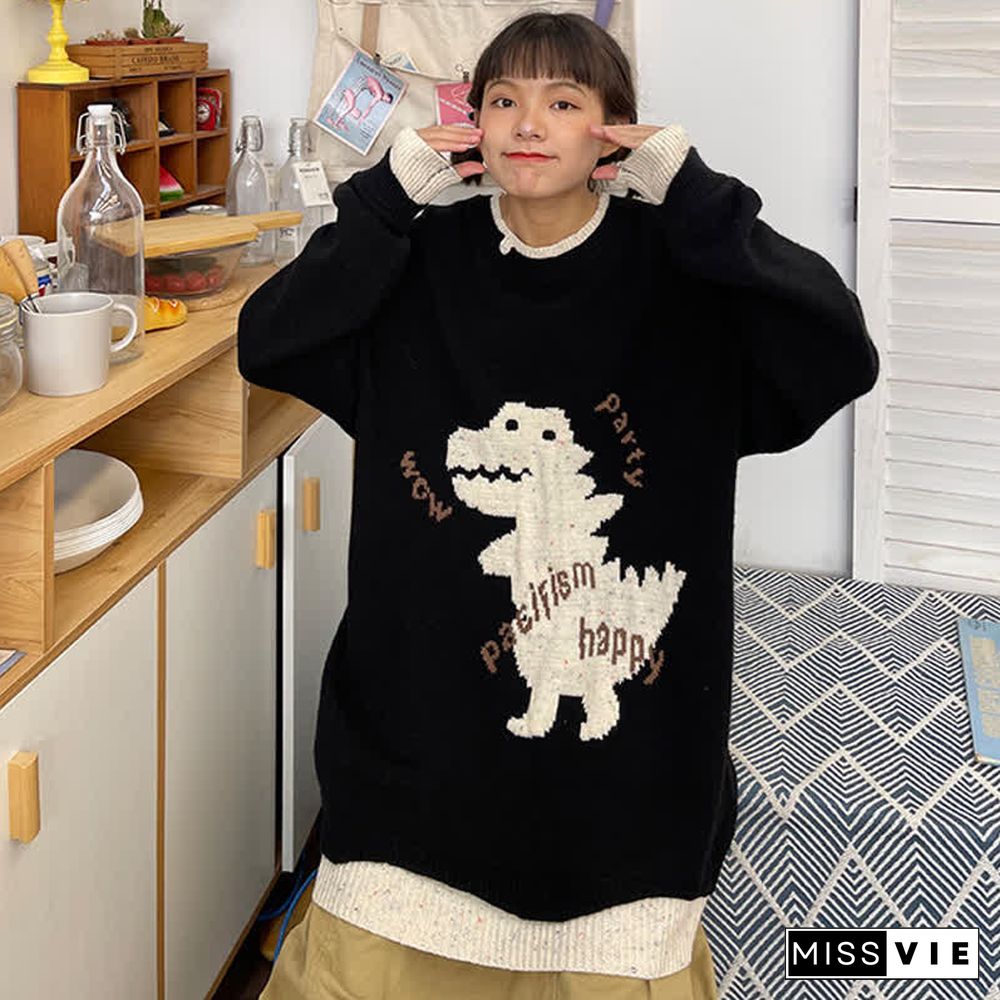Cartoon Dinosaur Letter Print Colorblock Knit Sweater
