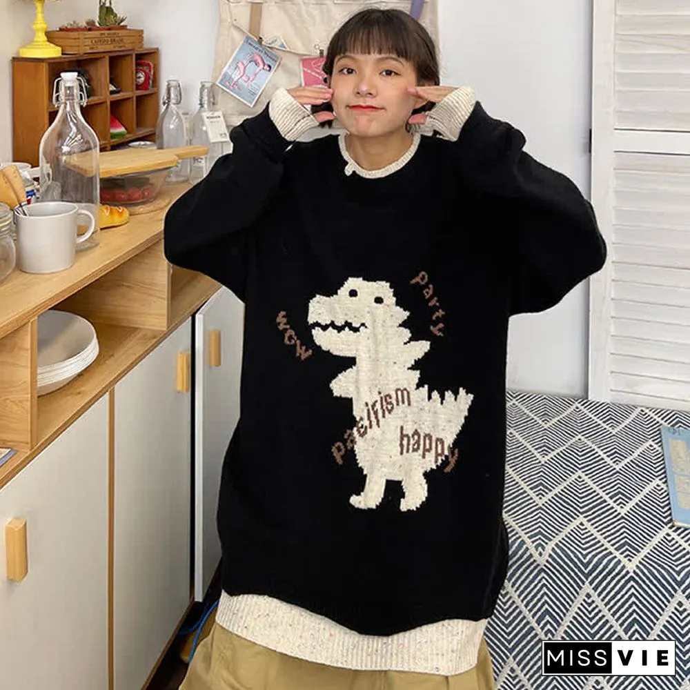 Cartoon Dinosaur Letter Print Colorblock Knit Sweater