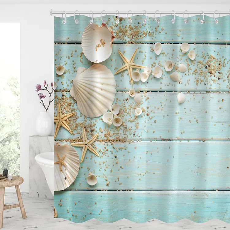 Shells & Starfish Waterproof Shower Curtains With 12 Hooks
