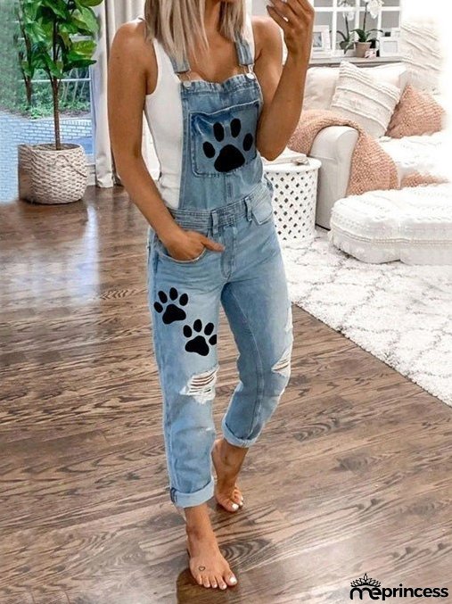 Women's Jumpsuits Animal Paw Washed Ripped Denim Jumpsuit