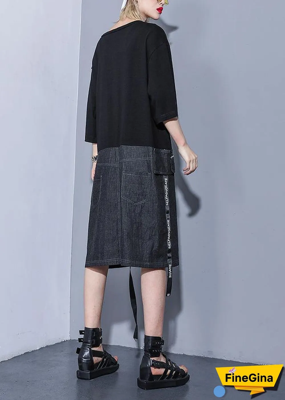DIY black Cotton dresses o neck zippered oversized summer stylish Dress