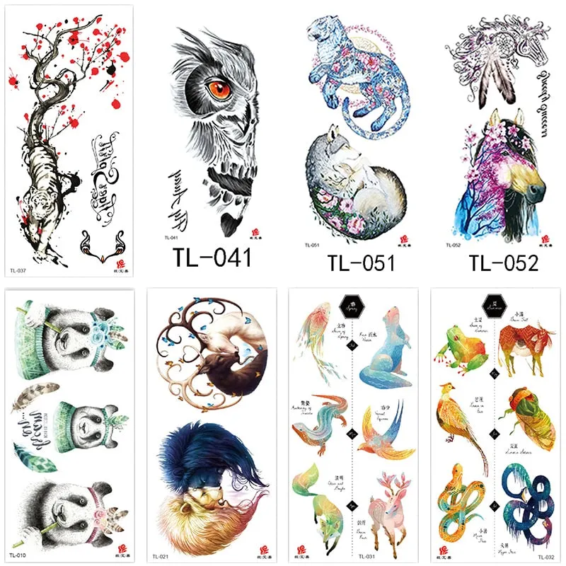 1~8 pieces of animal plants wolf bear bird art tattoo stickers disposable waterproof temporary tattoo stickers for men and women