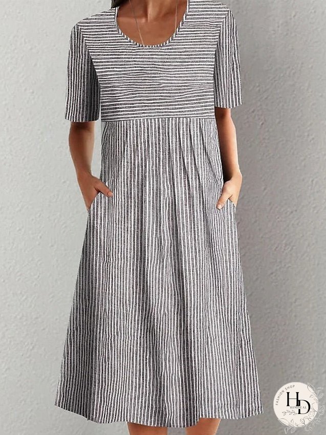 Casual Dress Summer Dress Print Dress Stripe Ruched Pocket Crew Neck Midi Dress Active Fashion Outdoor Daily Short Sleeve Regular Fit Gray Summer S M L XL XXL for Women