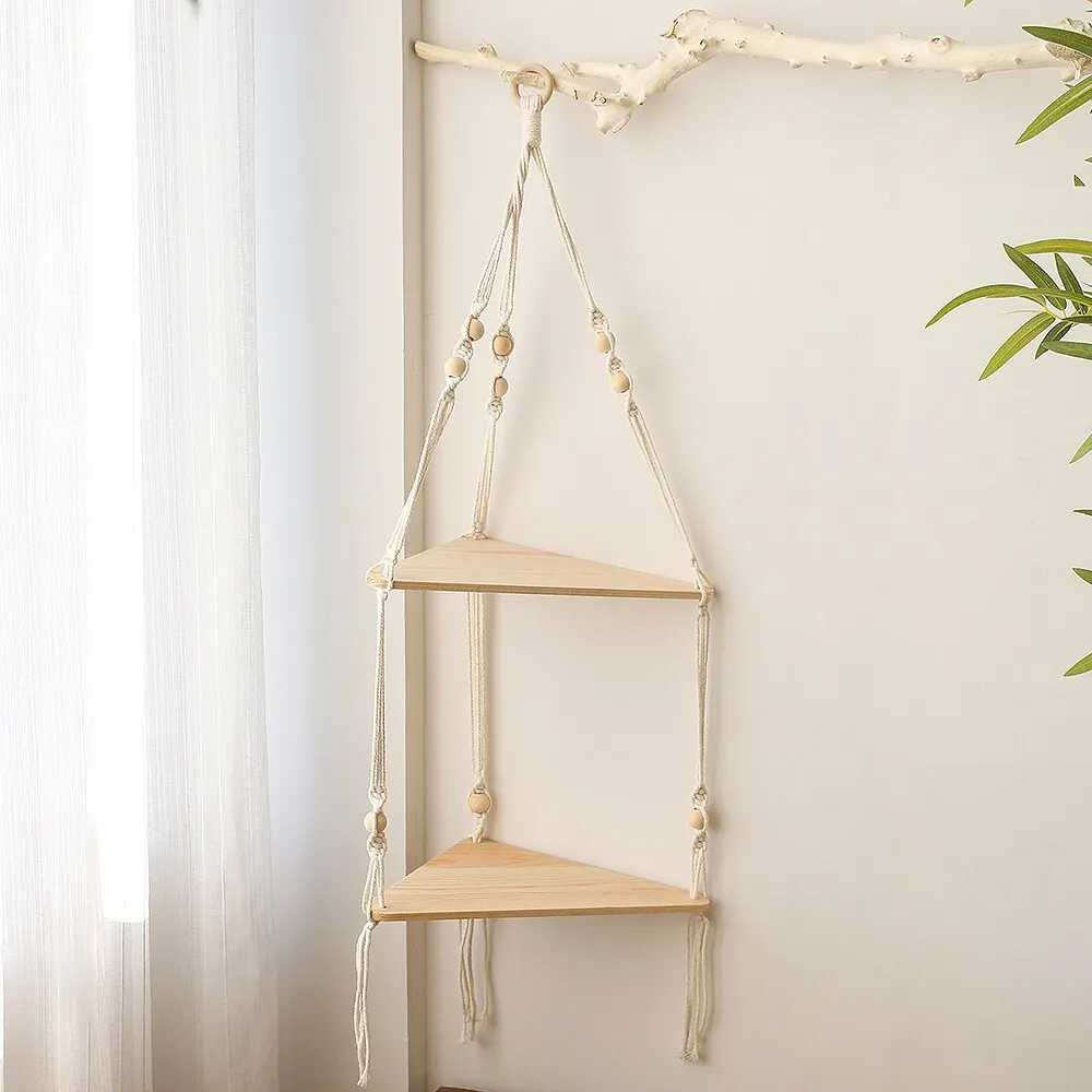 Double Layer Macrame Hanging Shelves Floating Shelf For Plants Boho Home Decor Wood Wall Shelves for Bedroom, Living Room