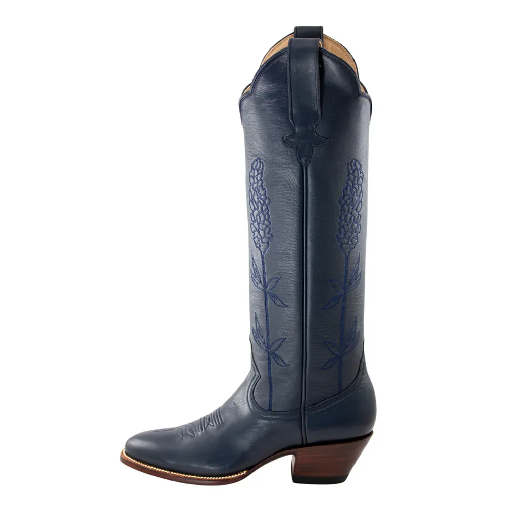 Navy Almond Toe Floral Embroidery Stacked Heel Cowgirl Knee High Boots