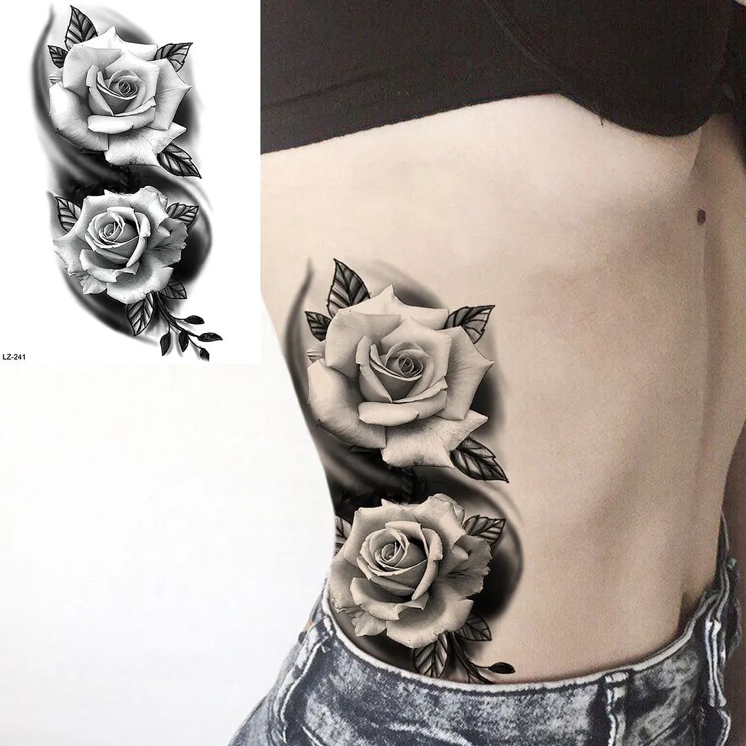 Black Rose Flower Sexy Temporary Tattoos For Women Adult Thigh Peony Skull Realistic Fake Tattoo Sexy Washable Tatoos Sticker