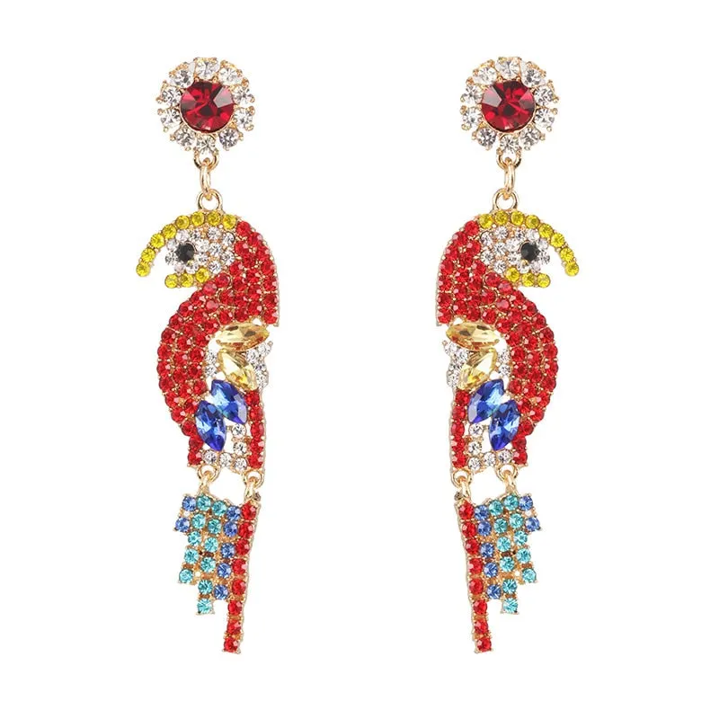 Dvacaman Bohemian Cute Fashion Animal Parrot Bird Drop Earrings Women Shiny Rhinestone Fringed Statement Tassel Earrings Jewelry