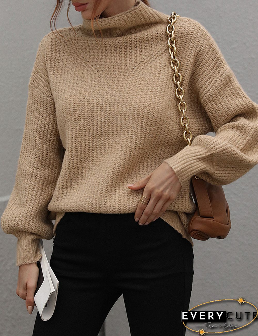 Khaki Solid Loose Style Turtleneck Sweater
