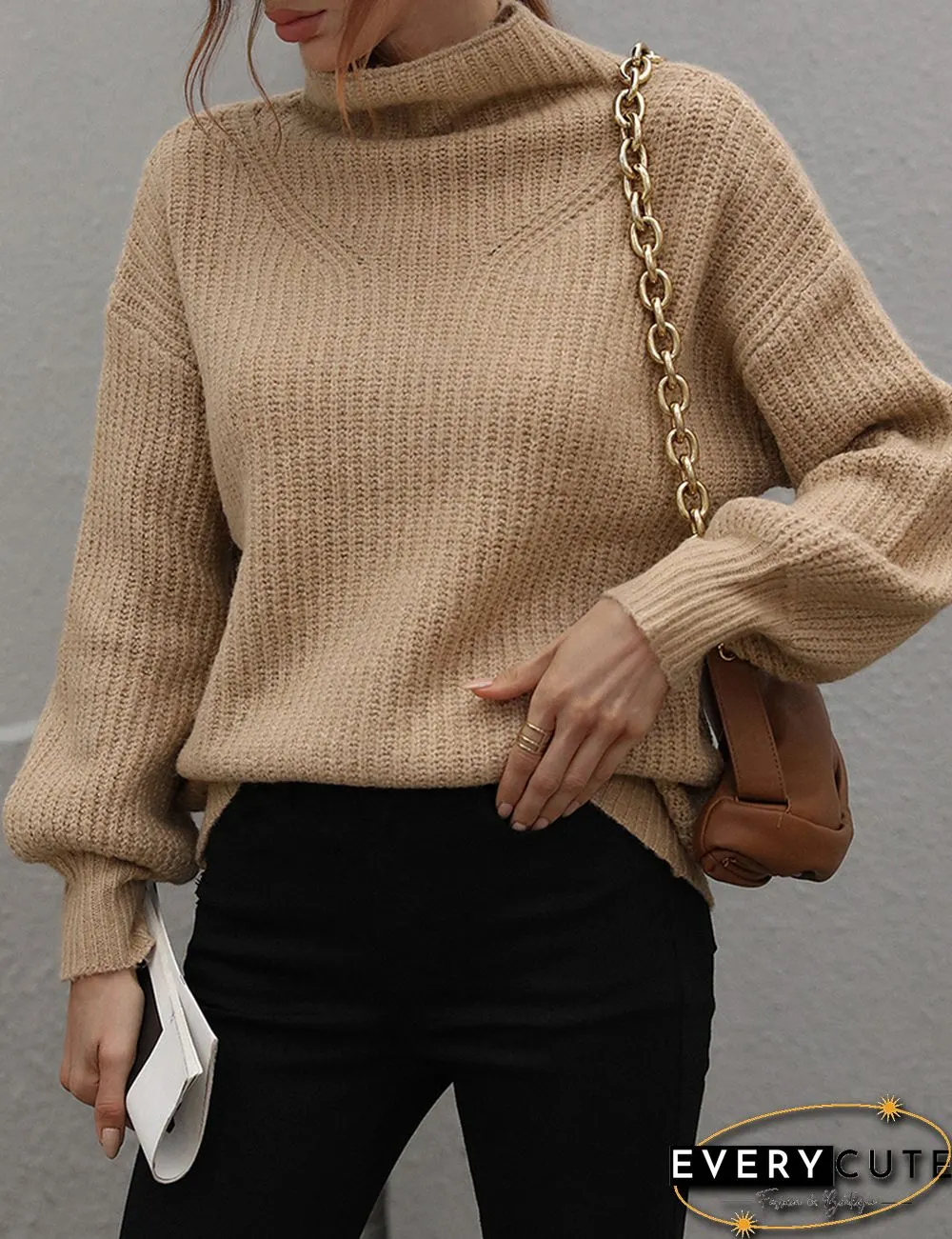 Khaki Solid Loose Style Turtleneck Sweater
