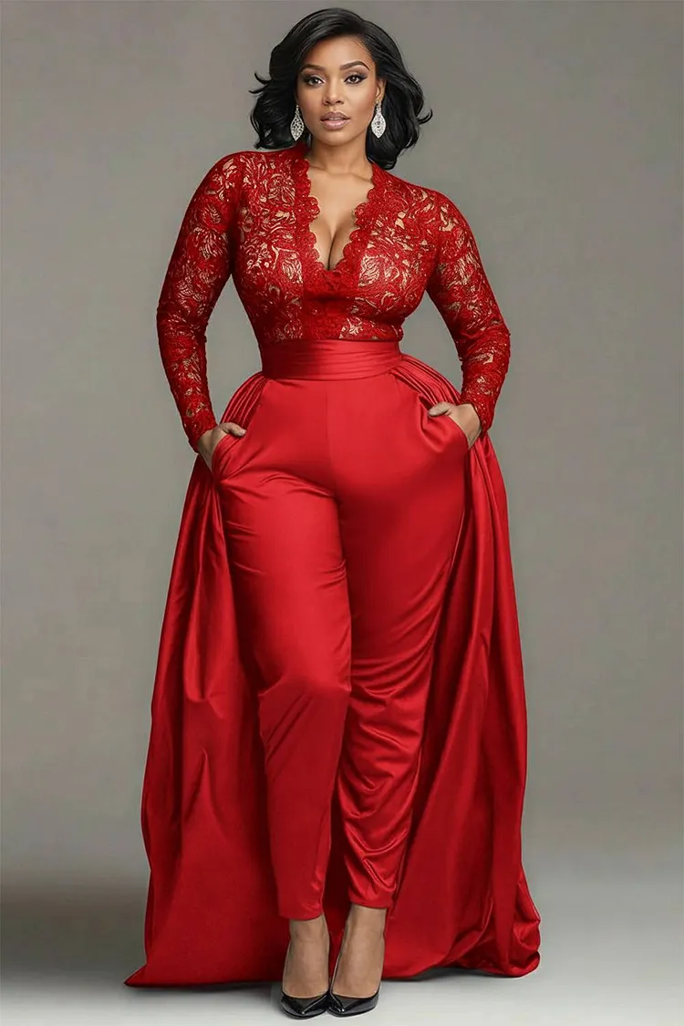 Xpluswear Design Plus Size Formal Satin Black V Neck Long Sleeve With&nbsp;Skirt&nbsp;Overlay&nbsp;Elegant Pocket Lace Jumpsuits  2024 - Xpluswear