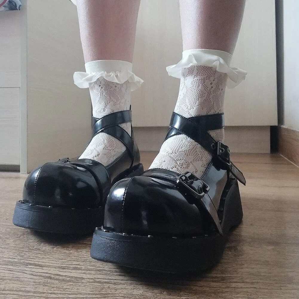 2021 Lovely Gothic Style Lolita Punk Cosplay Black Comfy Walking Wings Chunky Heels Platform Shoes Women Footwear Big Size 43