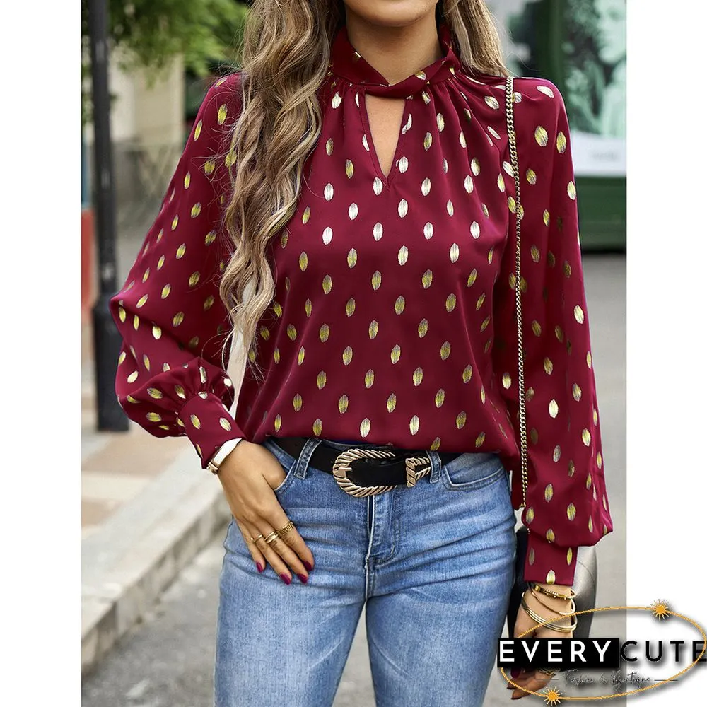 Burgundy Notched Neck Pleated Cuffs Long Sleeve Tops