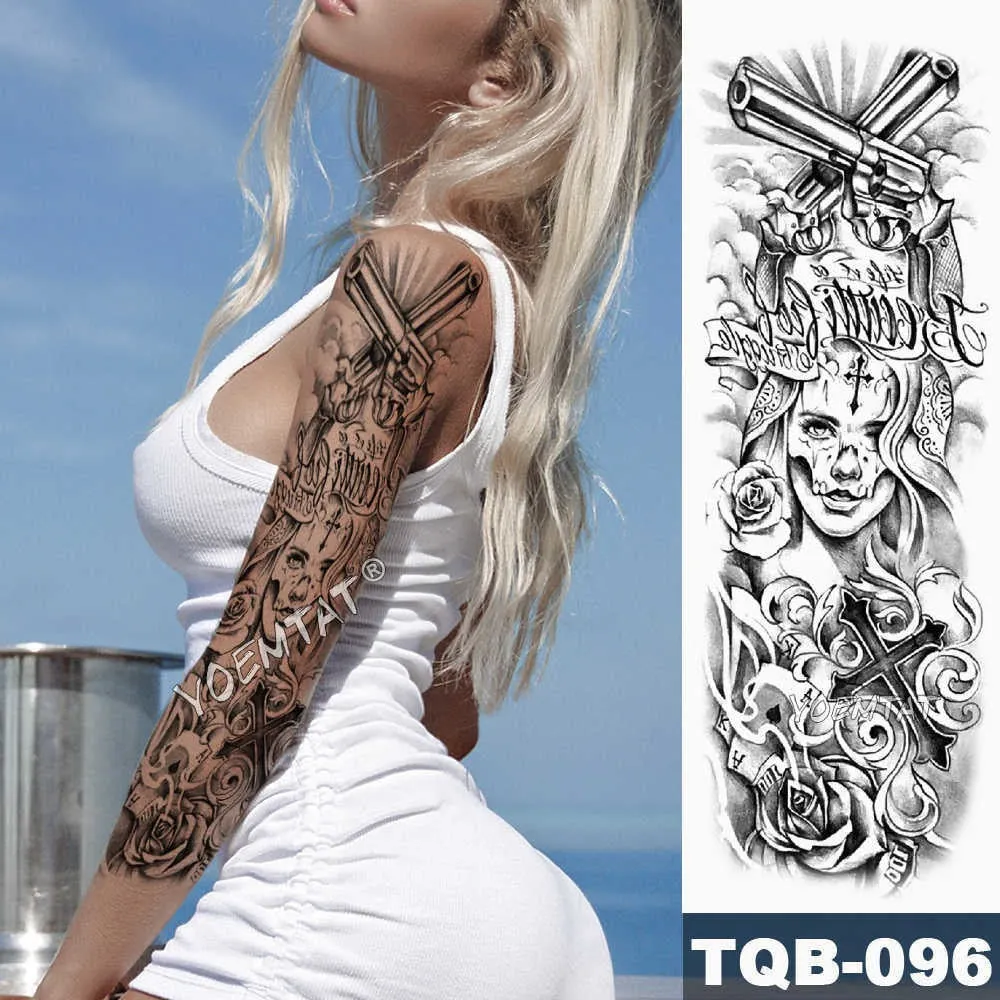 Large Arm Sleeve Tattoo Sketch Lion Tiger Waterproof Temporary Tattoo Sticker Crow Warrior Soldier Men Full Skull Totem Tattoo