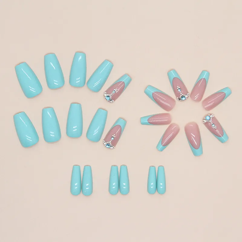 Churchf Churchf And Long Lake Blue Dripping Diamond Nail Flash Pure Color Fake Nails Fashion Luxury Diamond Wear Armor Finished Products