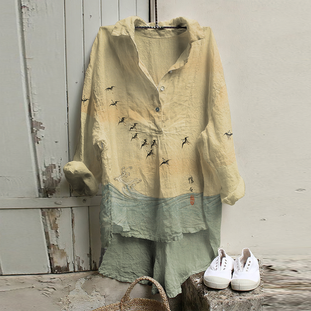 Vintage Japanese Birds Waves Art Prints Cotton Blend Long Sleeve Casual Shirt elevenforest
