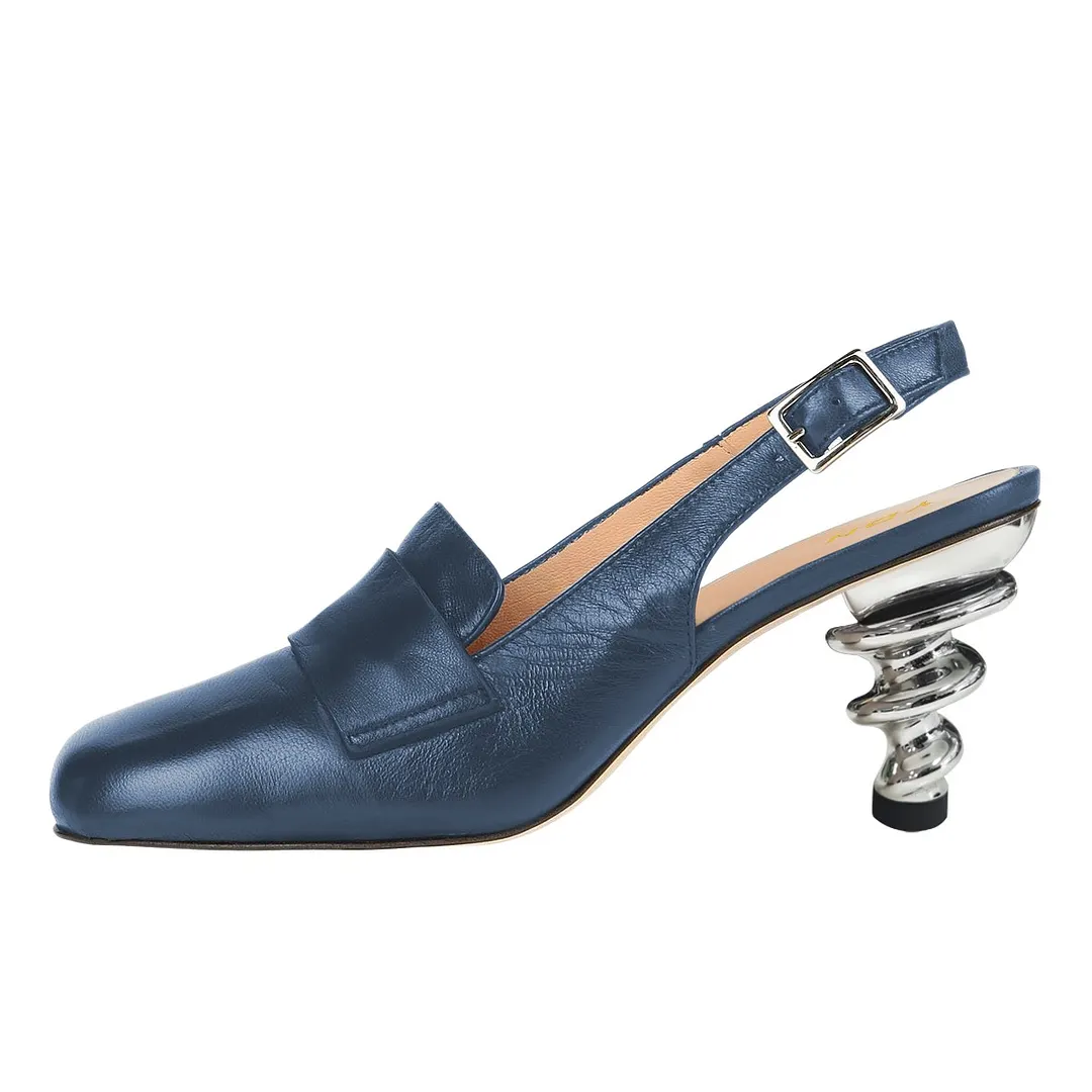 Women's Navy Square Toe Loafer Slingback Pumps Heels with Buckle