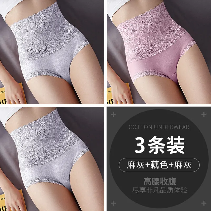 Women Lace Panties High Fit Cotton Panties High Waist Underwear Body Shaping Sexy Lingerie Slimming Tummy Control Pants 3Pcs