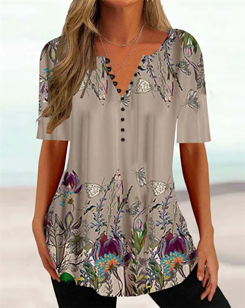 Women's Casual V Neck Flower Print Bottom Shirt Top