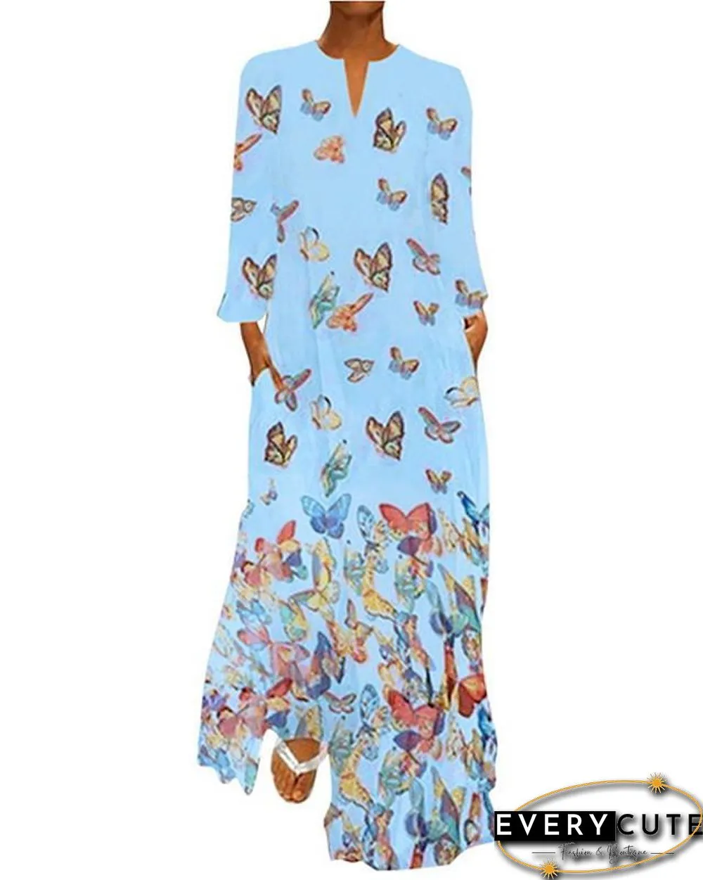 Women's Shift Dress Maxi long Dress - Long Sleeve Butterfly Spring Fall Hot Loose White Yellow Blushing Pink Light Blue S M L XL XXL 3XL 4XL 5XL