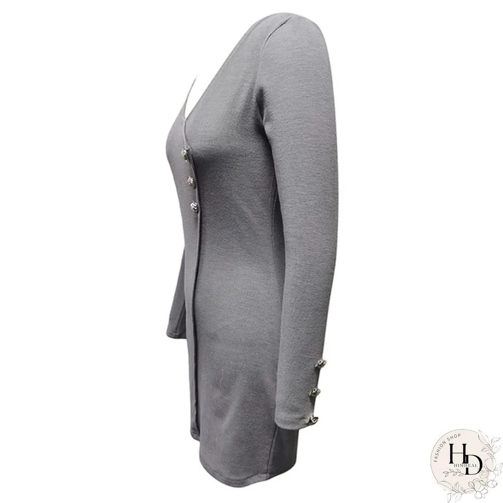 Ladies Autumn Spring Elegant Long Sleeve Buttons Slim Hip Casual Autumn Dress Bodycon Dresses Women Work Wear OL Dress