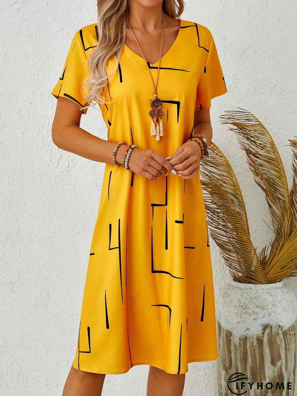 Short Sleeve Solid Casual Shift Knitting Dress | IFYHOME