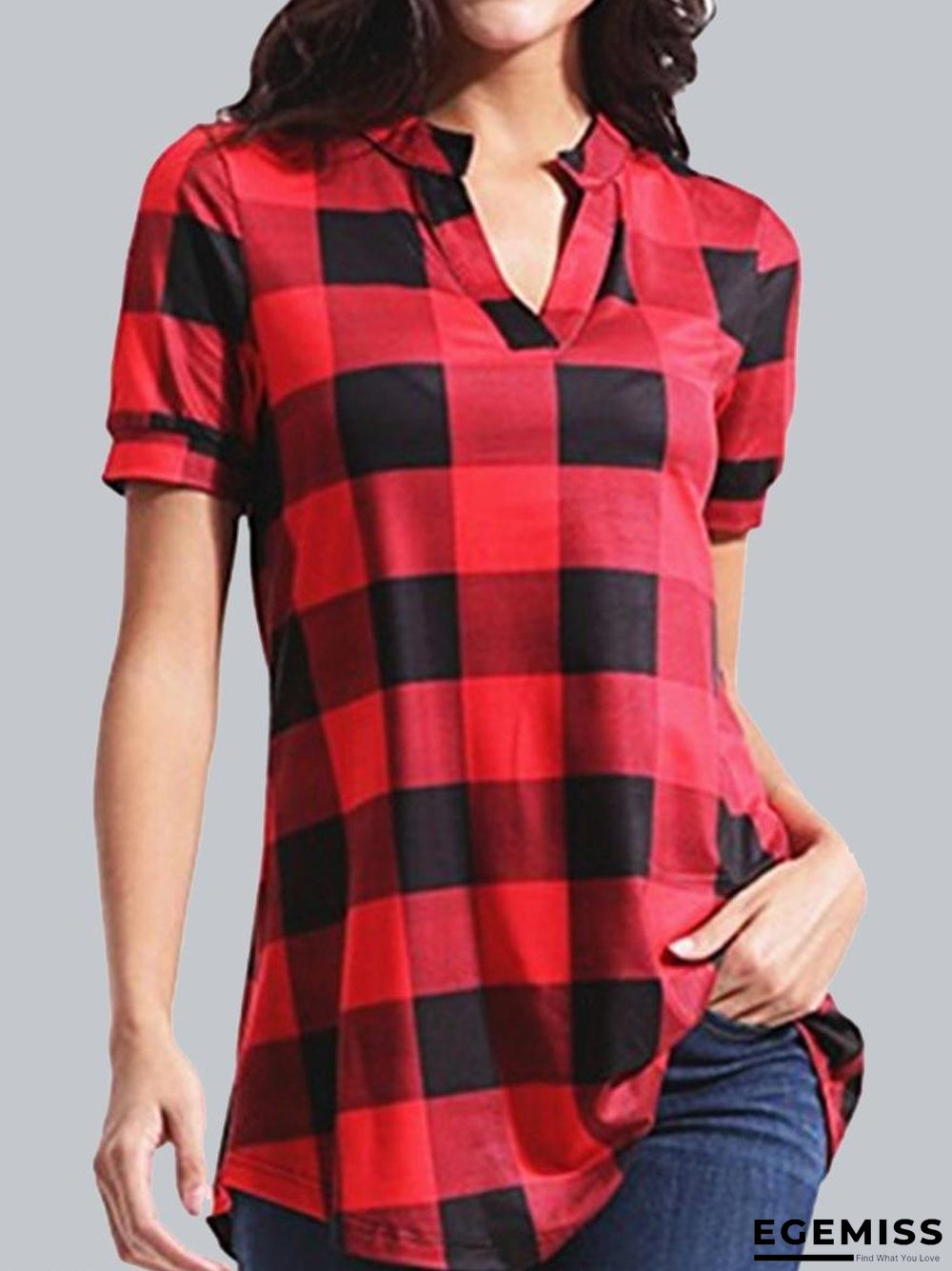 Casual Check Print V-Neck Short Sleeves Blouse | EGEMISS