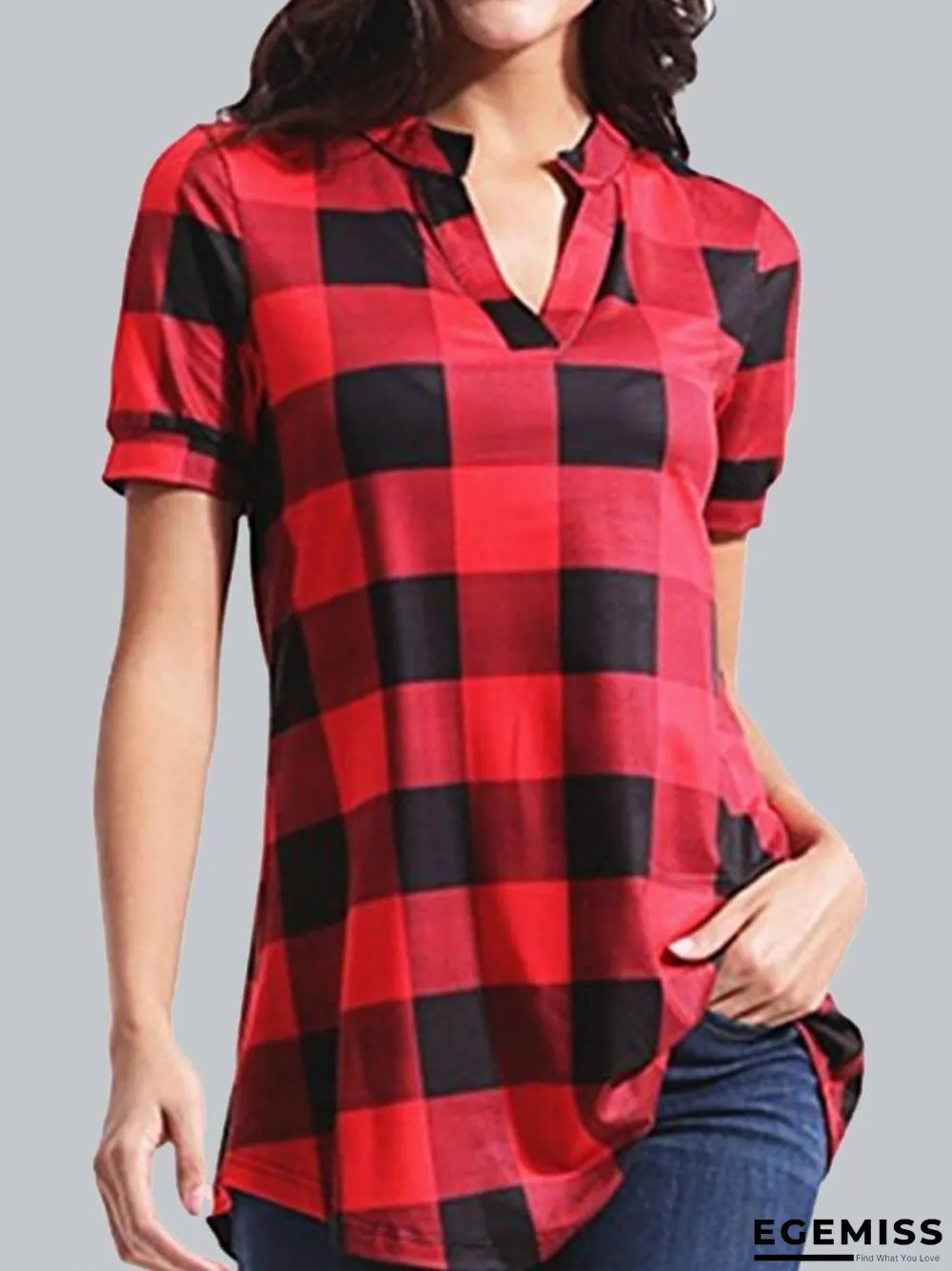 Casual Check Print V-Neck Short Sleeves Blouse | EGEMISS