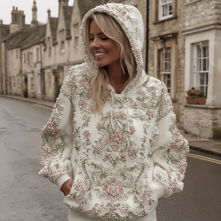 Women's Vintage Pink Flower Embroidery Art Casual Hoodie