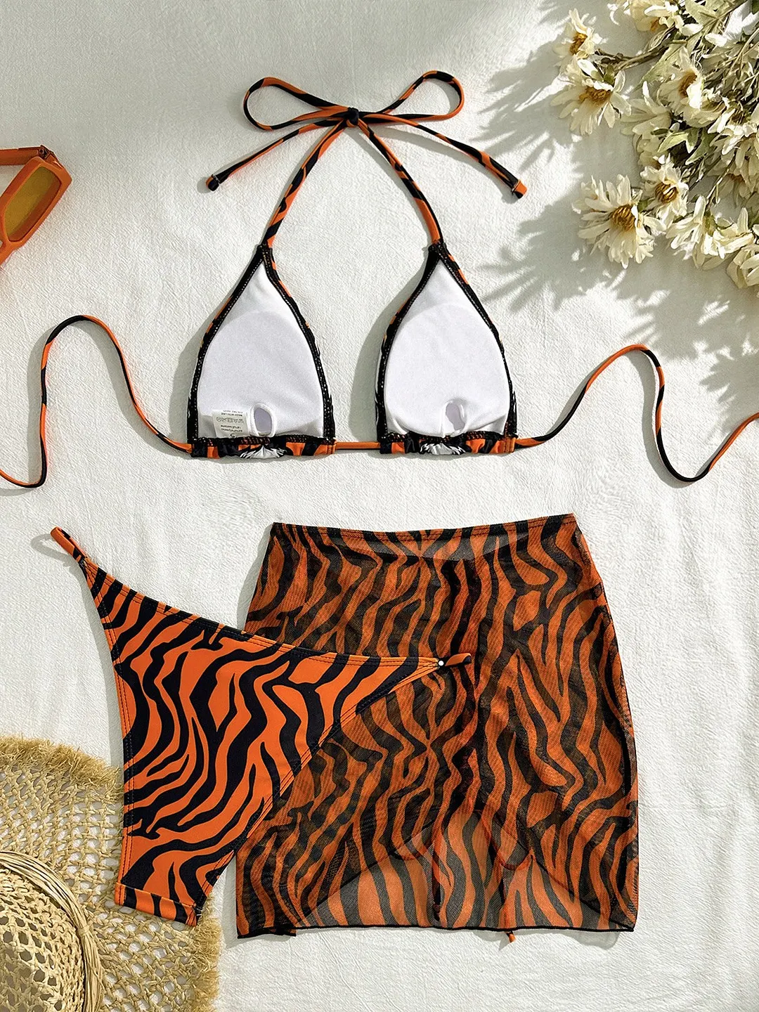 Brownm 2024 New Sexy Tiger Head Striped Three-Piece Swimsuit Swimsuit Bikini Bikini