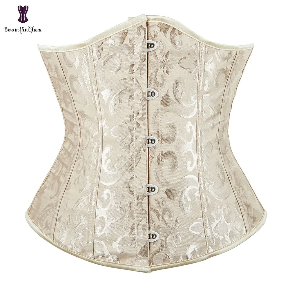 Jacquard Floral Underbust Corset Pink Blue Black White Coffee Lace Up Boned Waist Cincher Shaper Outfit