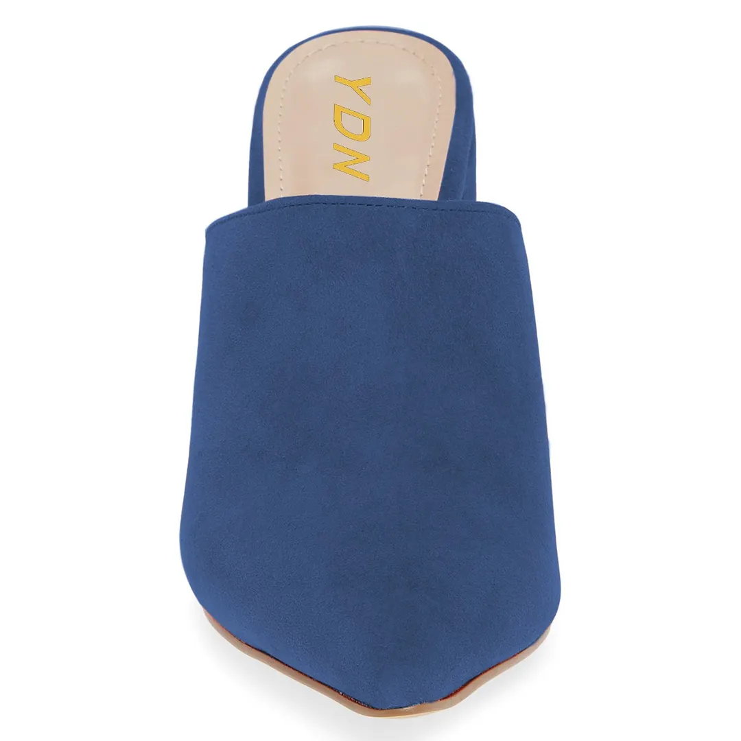 Elegant Navy Slip On Block Heel Vegan Suede Pointy Toe Mules
