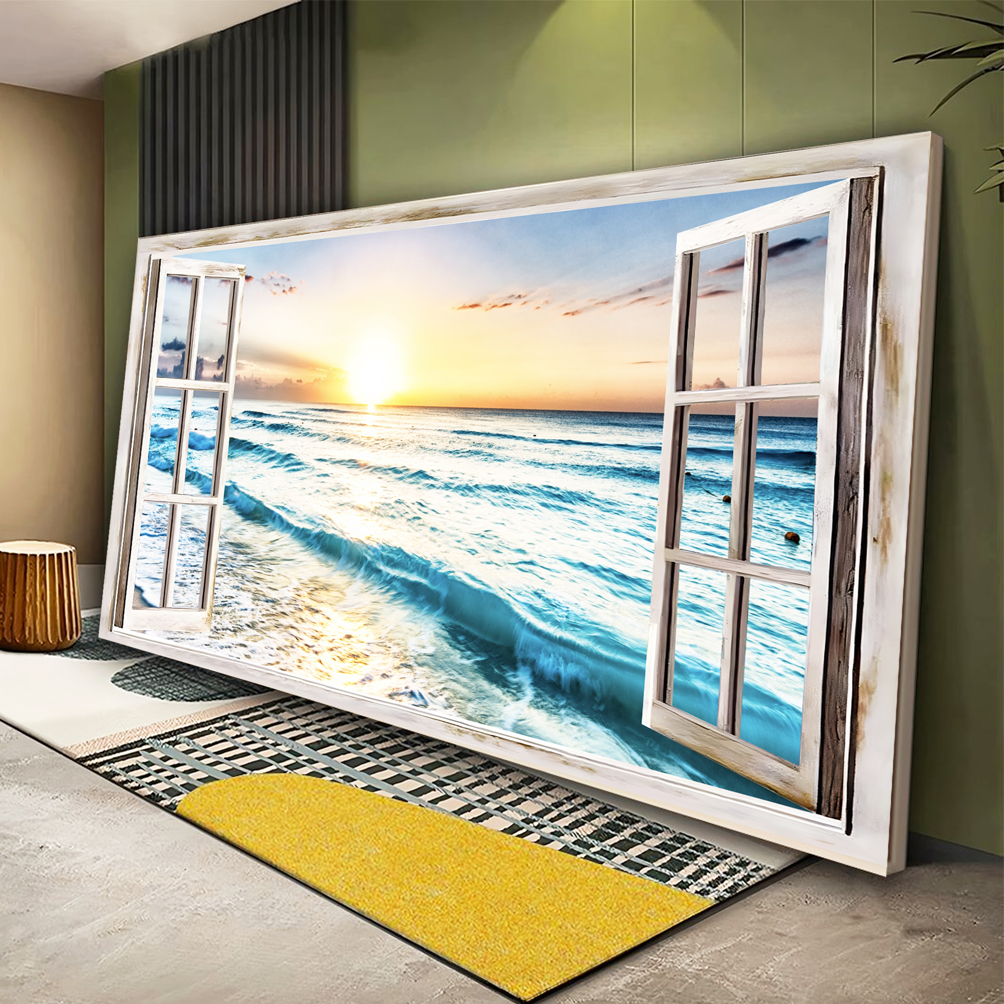 White Beach Decor Blue Sea Sunset Window Canvas Wall Art