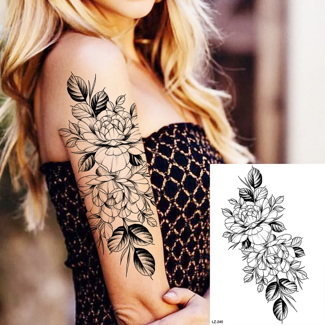 Sdrawing Peony Flower Temporary Tattoos For Women Adults Realistic Compass Moon Pendant Fake Tattoo Sticker Arm Body Tatoos