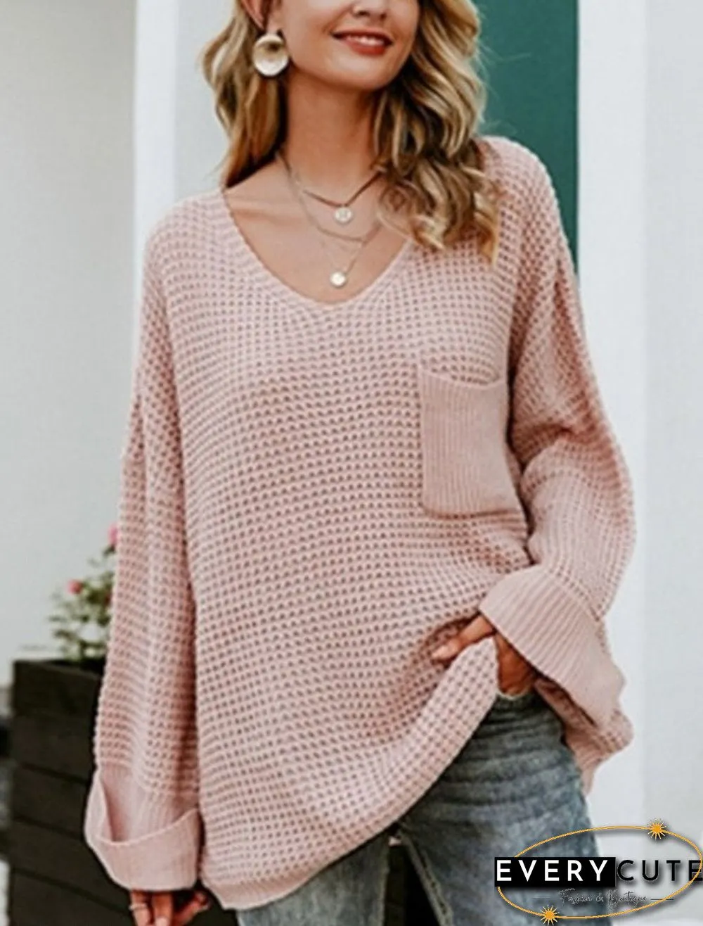 Casual Soft Pocket V-neck Long Sleeve Pullover