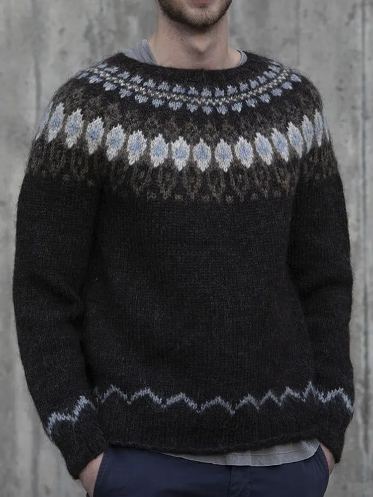 Men'S Vintage Knitted Jacquard Crew Neck Sweater